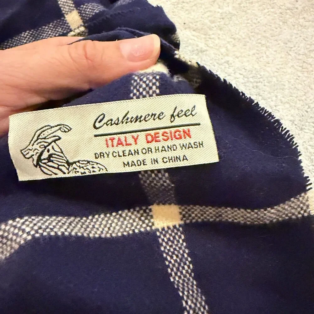 Vtg Men’s Blue Plaid Cashmere Feel Scarf Fringe 13